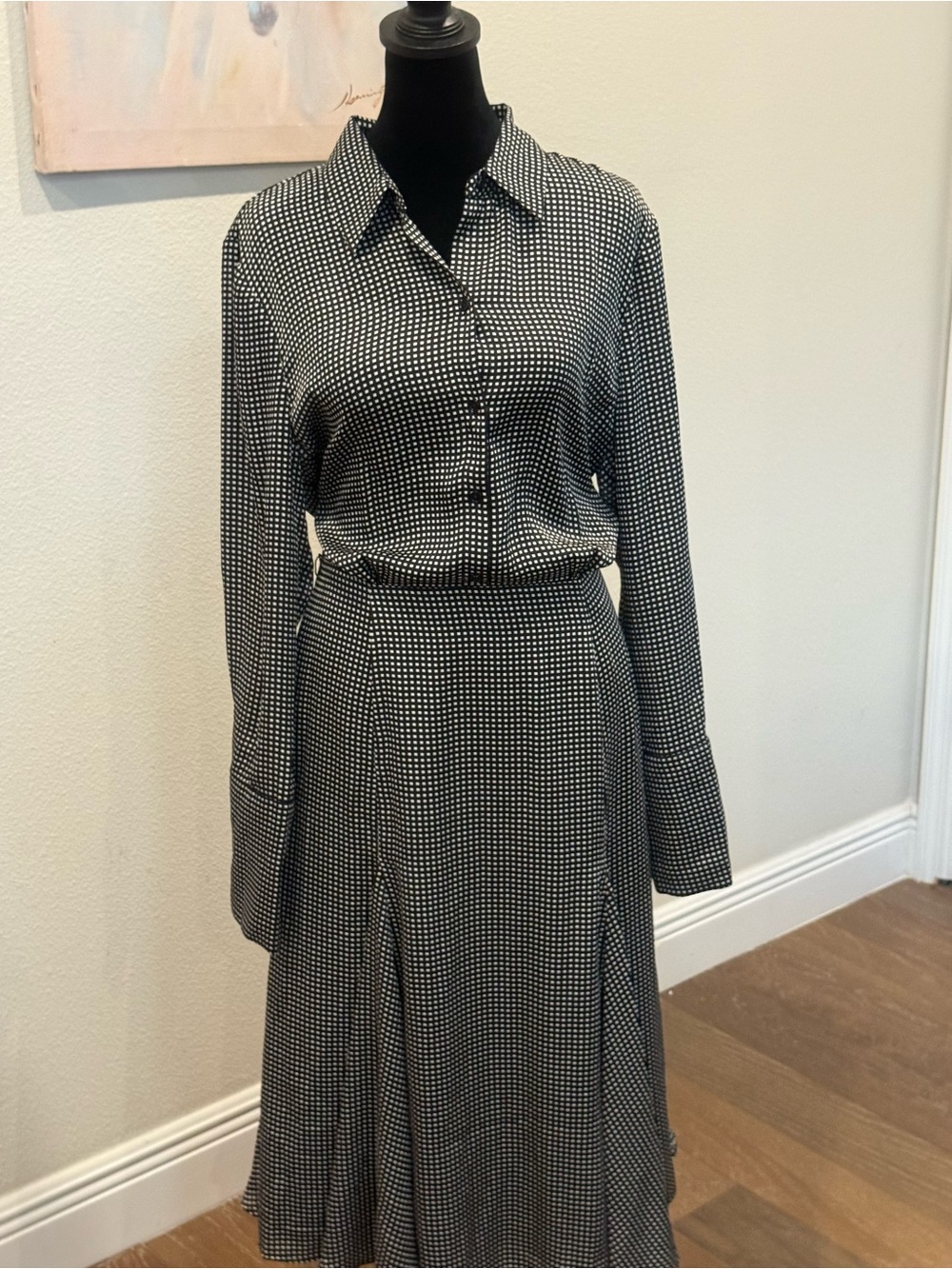 Equipment Black & White Long Sleeve Collared Print Dress